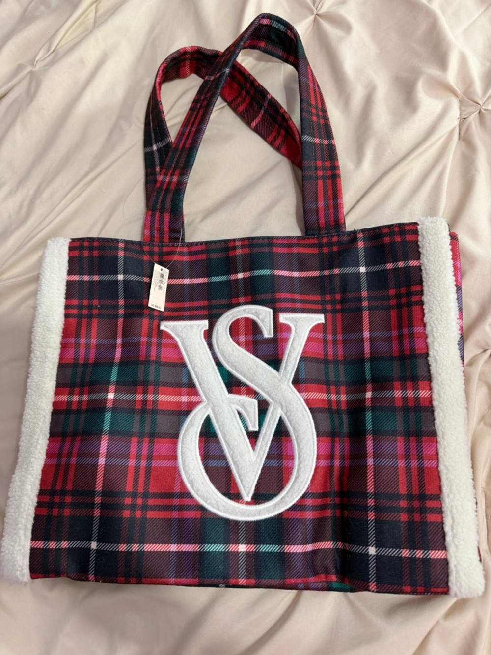 Victoria's Secret Red and Green Plaid Tote with White Shearling Trim